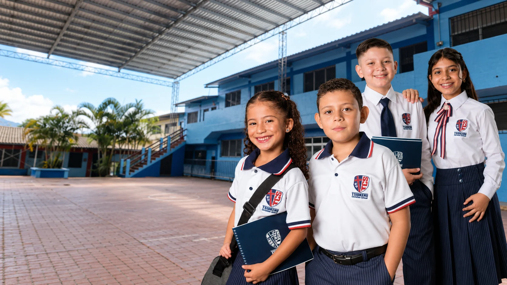 Estudiantes de Tsidkenu con los nuevos uniformes en el patio del colegio