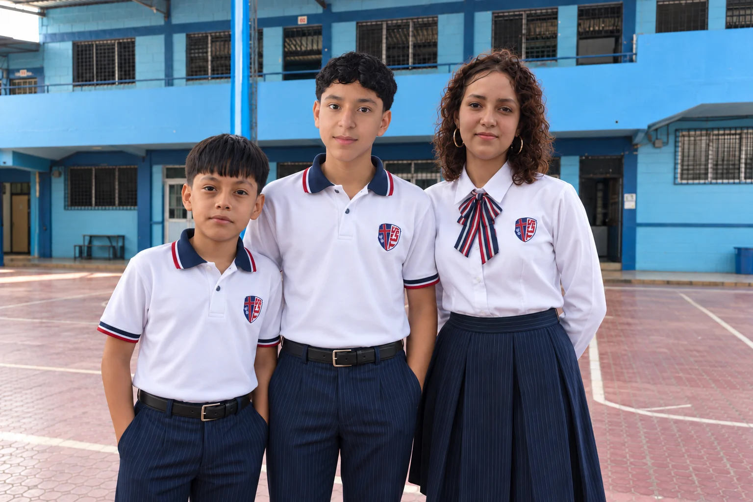 Tres estudiantes con el polo y el uniforme formal de Tsidkenu